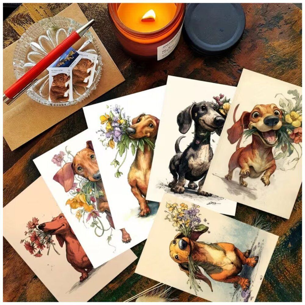 NWT Dachshund Puppy Flower Bouquet Greeting Cards Set 12 Pk 3.5x5 Envelopes Cute - Picture 7 of 8